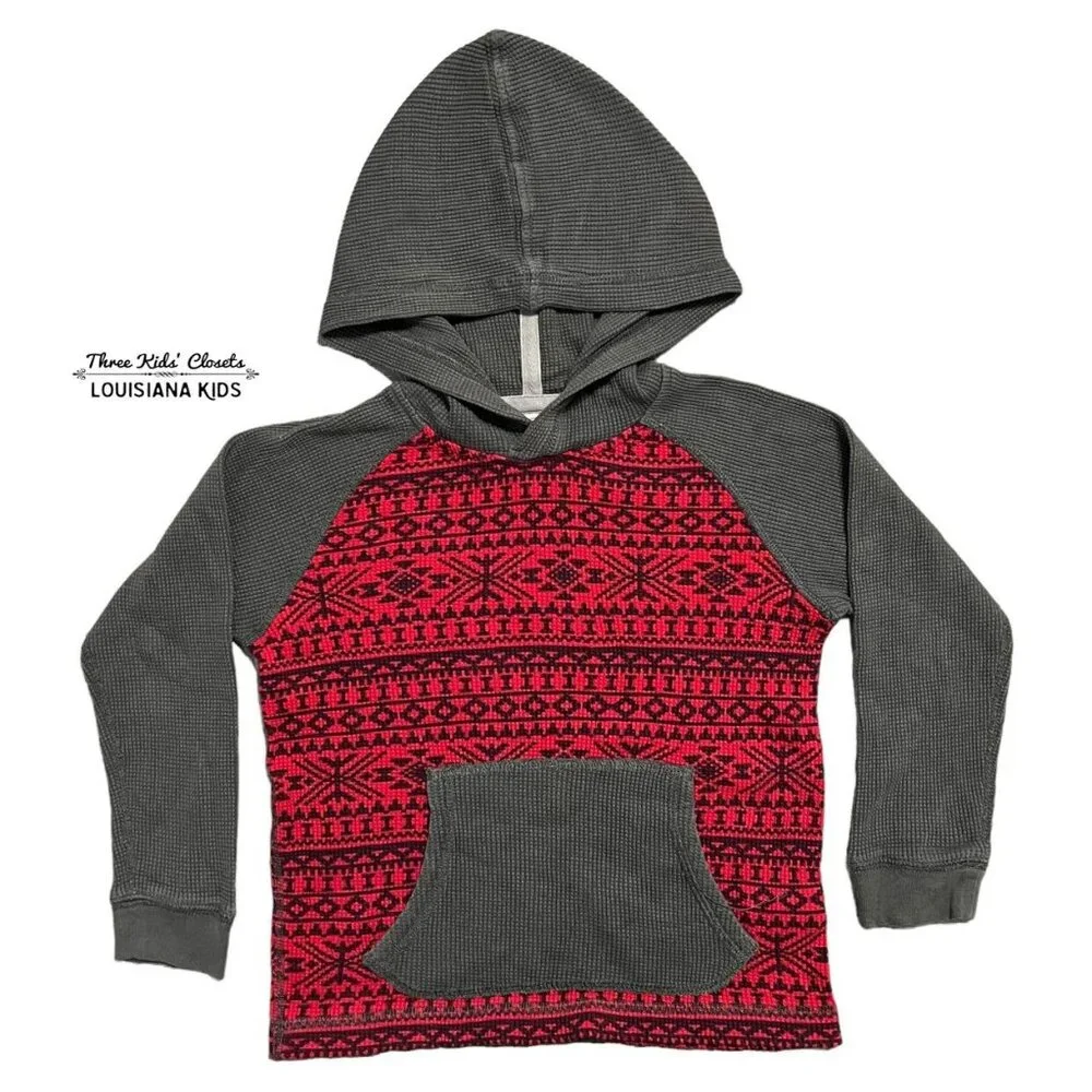 Hanna Andersson Sz 100 (4Y) Red & Gray Alpine Waffle Knit Hoodie Shirt